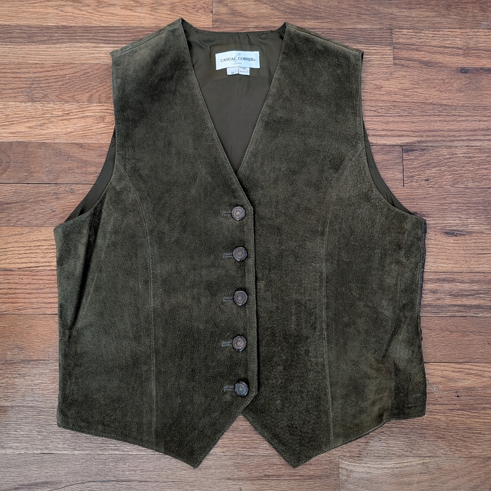 Vintage Women's Button Front Leather Vest Paisley Printed Back Western Sz Med